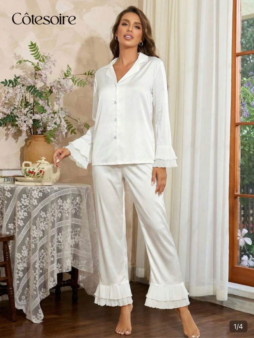 Côtesoire Notch Collar Satin Blouse And Ruffle Hem Pants PJ Set - NEW, Size SM
